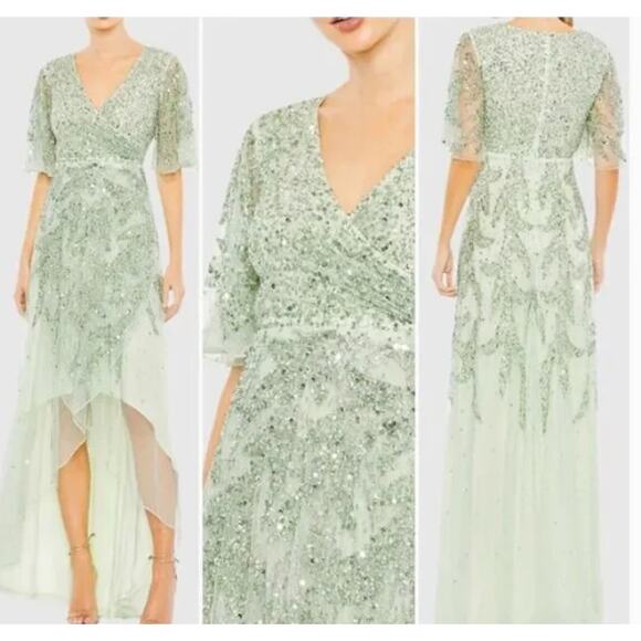 Mac Duggal 93681 Womens SEQUINED BUTTERFLY SLEEVE HIGH LOW GOWN Sage SIZE 6 - Picture 1 of 16